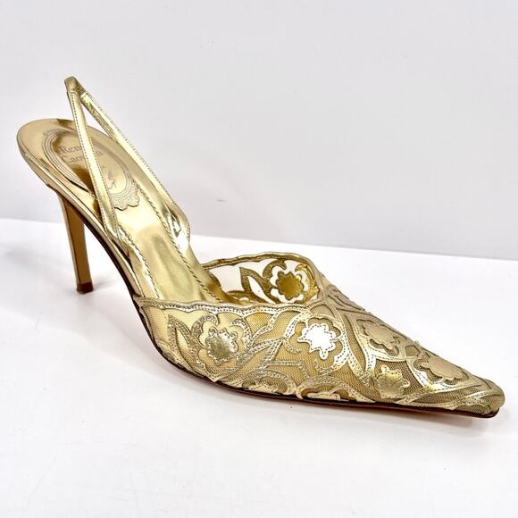 René Caovilla Size 8 Metallic Gold Lace luxury Slingback Stiletto Heels - Picture 1 of 12